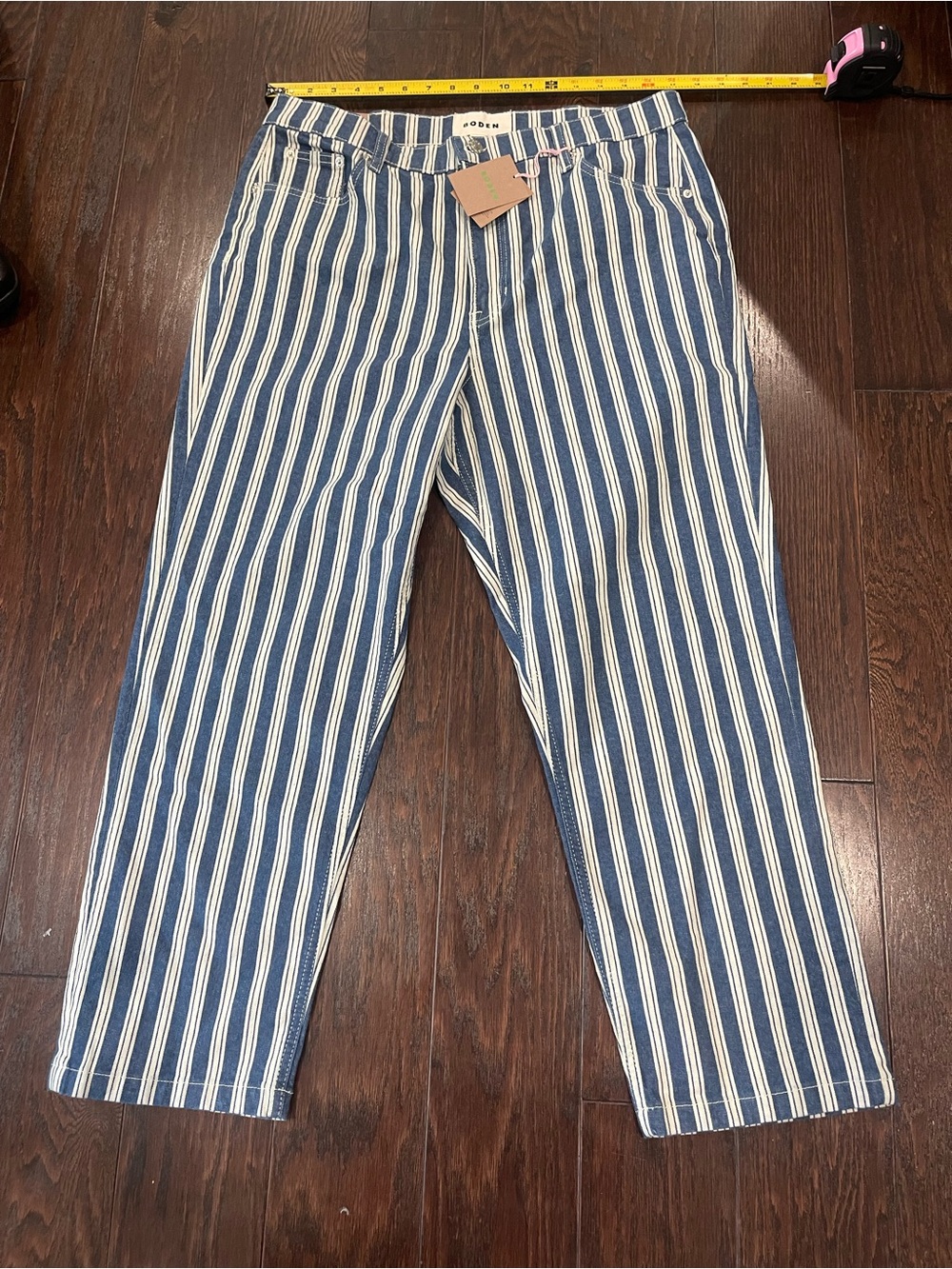Boden Striped Hi-Rise Tapered Leg Jeans Blue/White Women Size 32 NEW